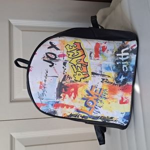 Small graffiti backpack purse - black / multi color faux leather